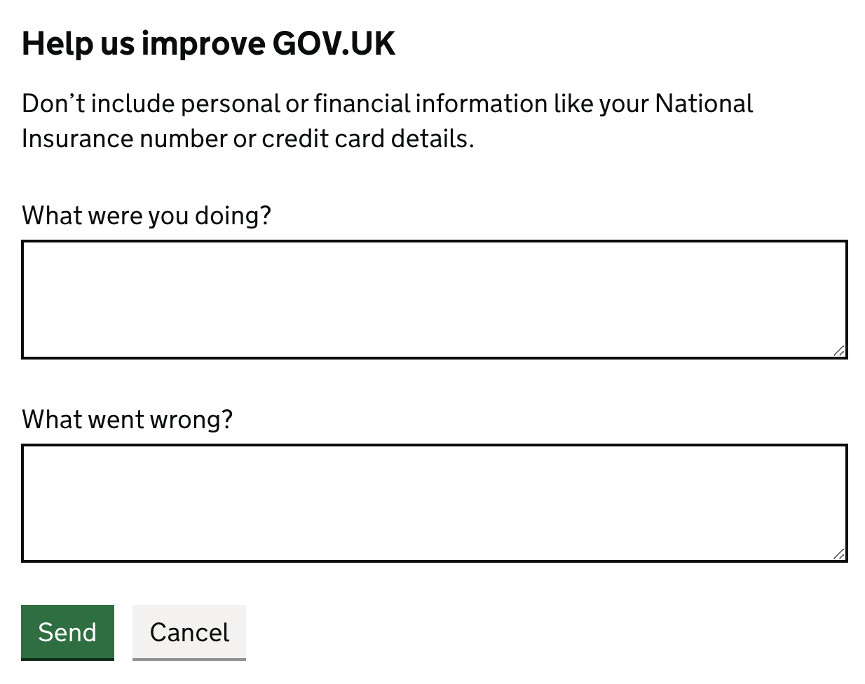 Form titled 'Help us improve GOV.UK', with two questions: 'What were you doing?' and 'What went wrong?'