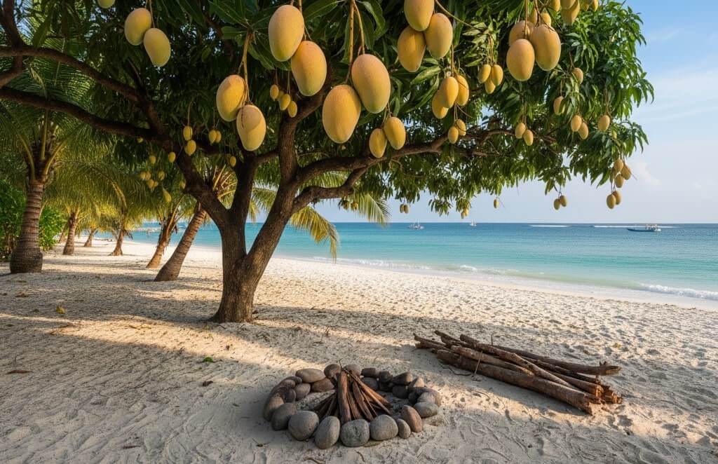 Mango tree on the beach, AI-generated image