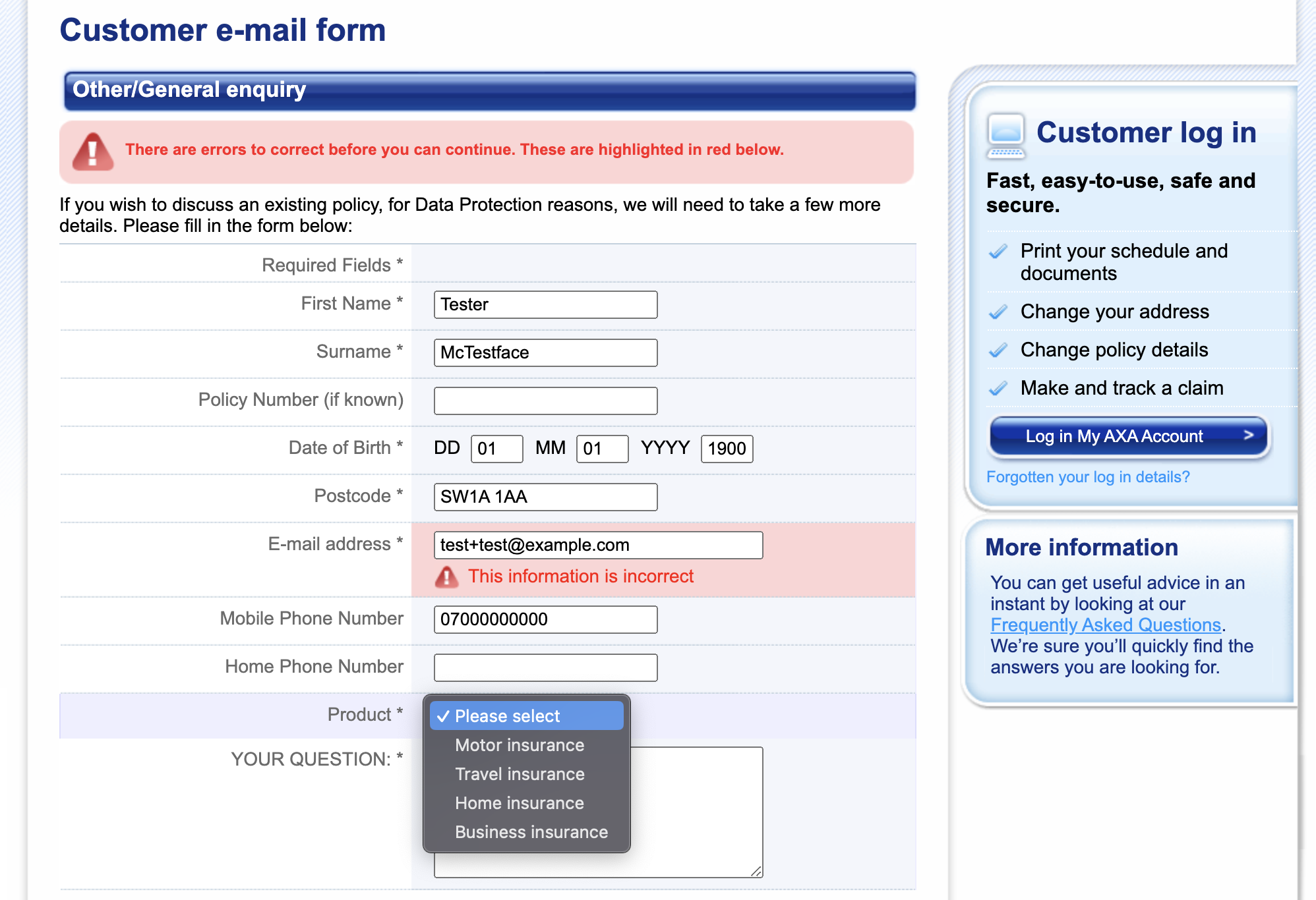 AXA's contact form, showing the email test+test@example.com being rejected, and listing only four insurance products in the dropdown