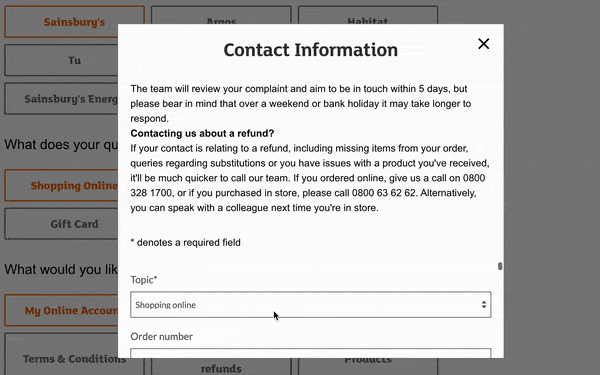 Contact form displayed in a modal with limited vertical height, such that only 1-2 fields of about 20 are visible at any time