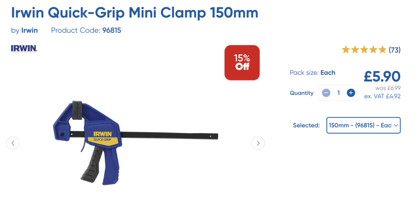 A shop listing for an Irwin Quick-Grip Mini Clamp 150mm, reduced 15% to £5.90