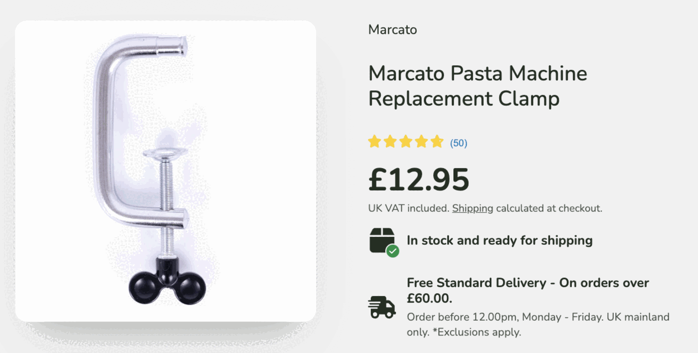 A shop listing for a Marcato Pasta Machine Replacement Clamp, priced at £12.95