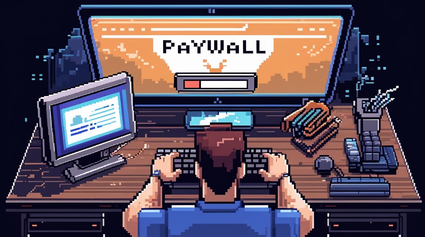 Decorative cover image: policymaker in front of a computer being blocked by a paywall in an 8bit style