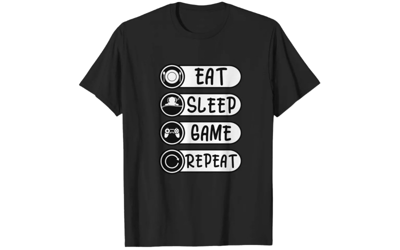 T-shirt with the text 'Eat, Sleep, Game, Repeat'