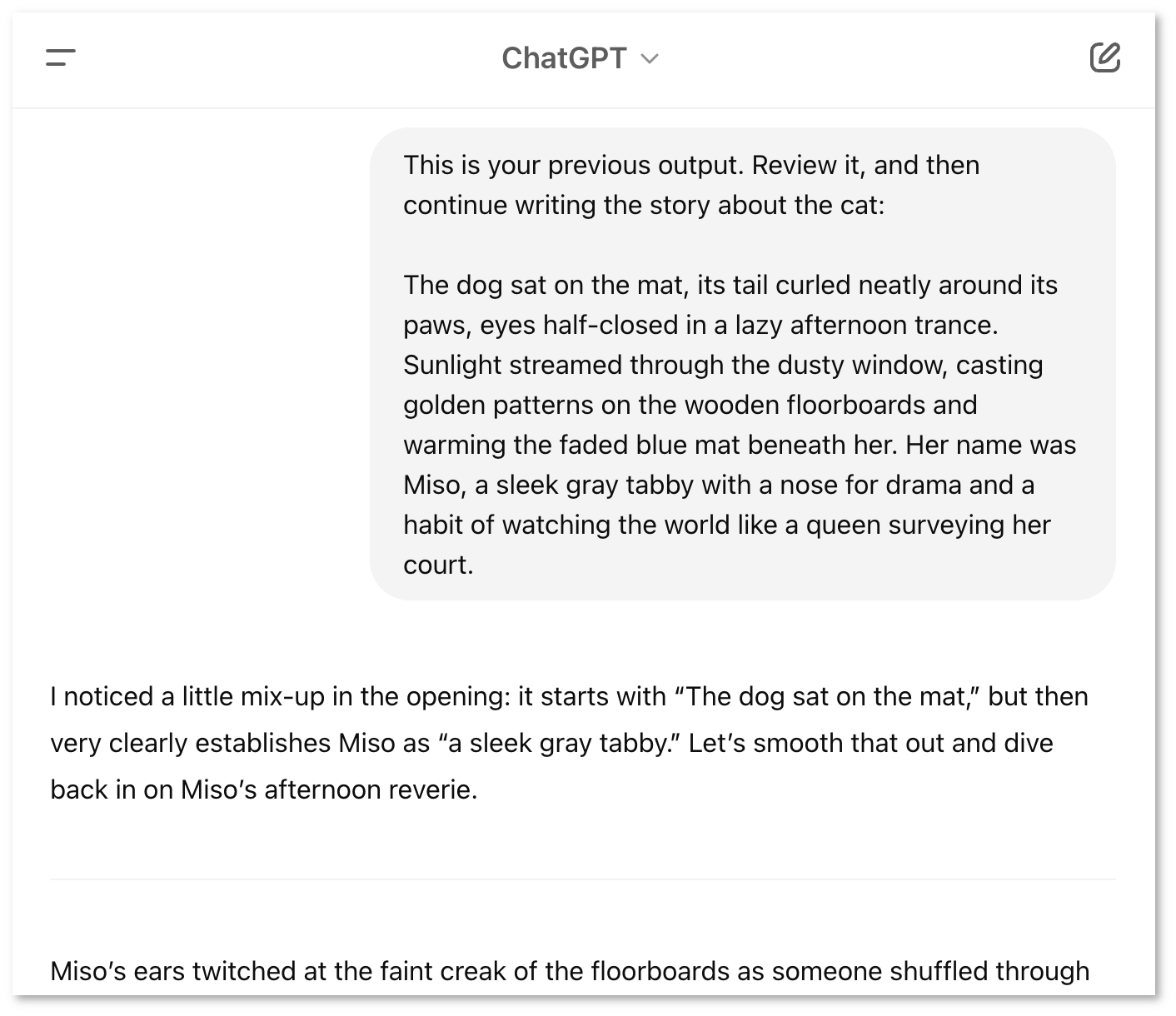 ChatGPT corrects a story beginning 'A dog sat on the mat' about a cat