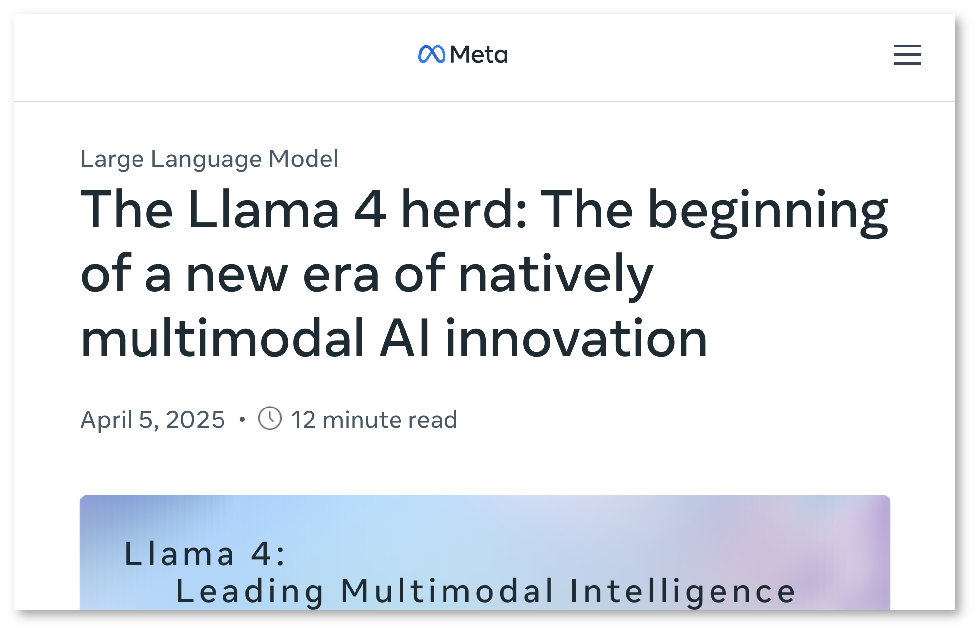 Screenshot of Meta's Llama 4 announcement, calling it a large language model and a multimodal model